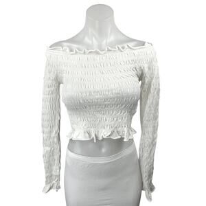 Zara White Smocked Long Sleeve Off The Shoulder Ruffle Blouse Crop Top Size M